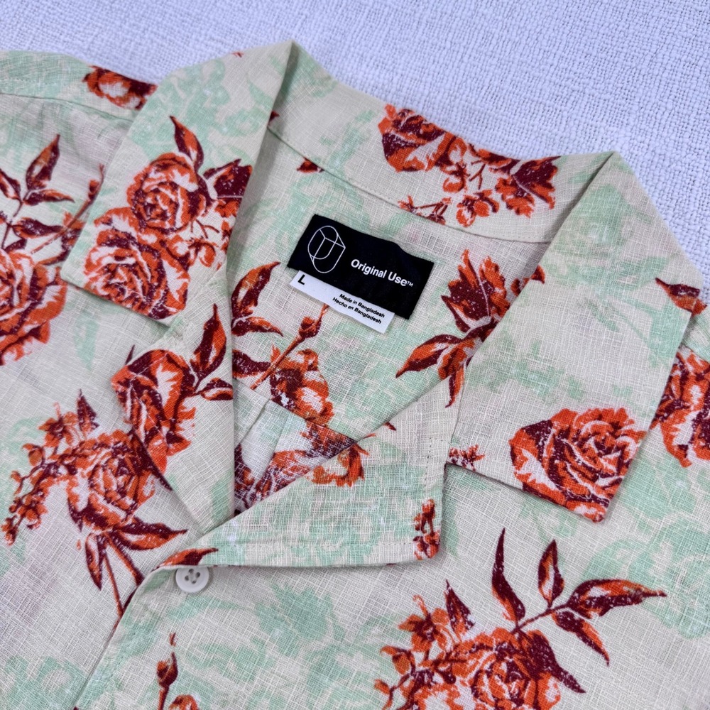 Original Use Mens Large Linen Blend Floral Rose Print Camp Collar Shirt Green